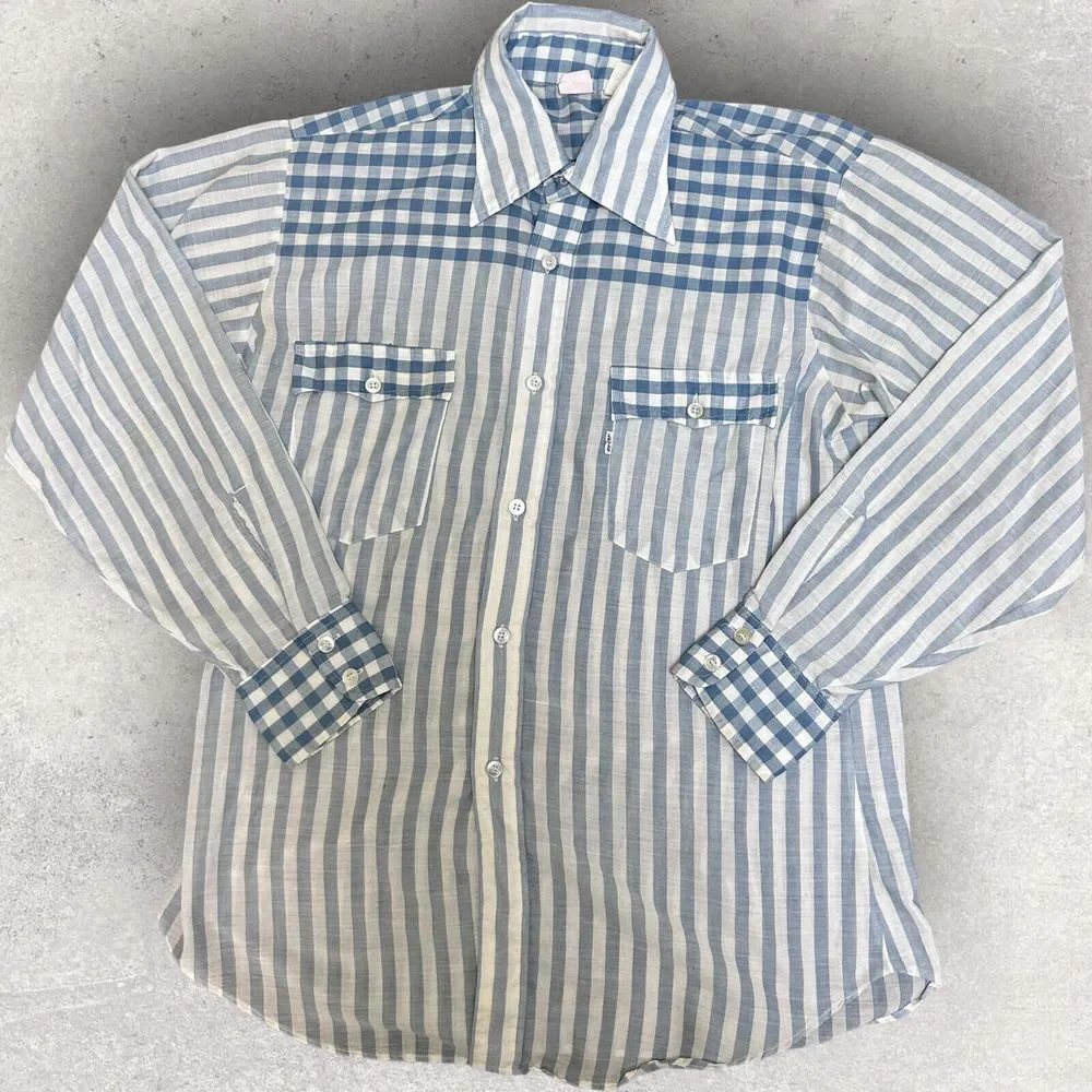 RARE Vtg 70s Levis Western Stripe Button Up Shirt Blue Size L White Tab USA Made